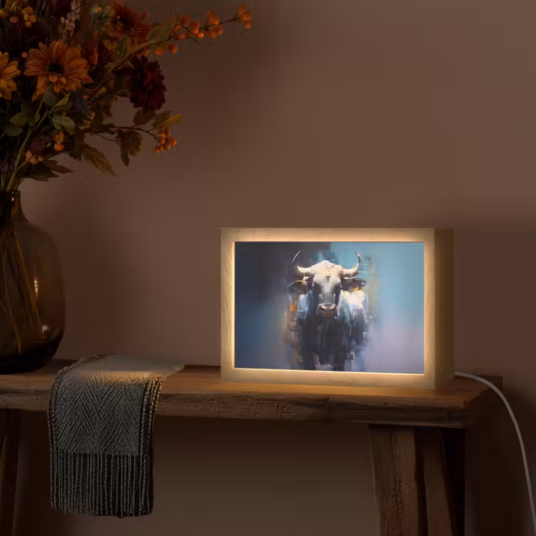 Stier - Zwart - Abstract - Horens Light Box met kabel (Tafellamp) klein -sfeer4