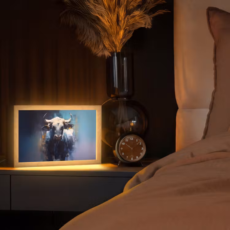 Stier - Zwart - Abstract - Horens Light Box met kabel (Tafellamp) klein -sfeer1