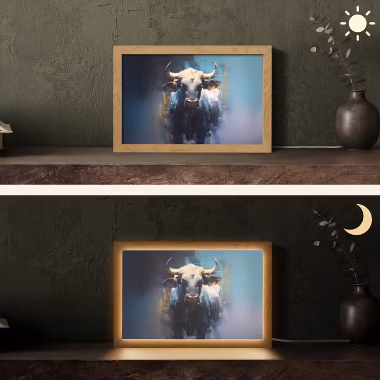 Stier - Zwart - Abstract - Horens Light Box met kabel (Tafellamp) klein -sfeer3