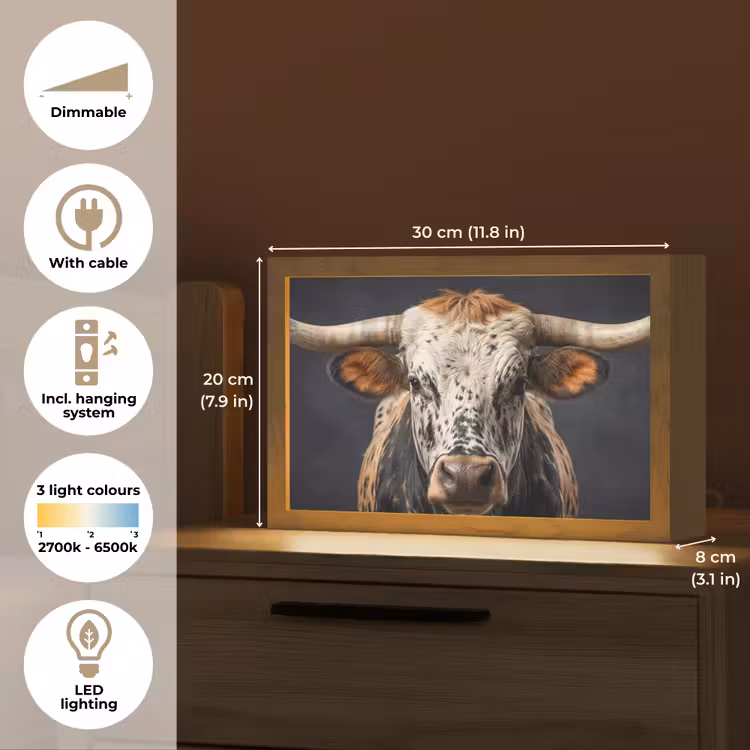 Stier - Kleurrijk - Hoorns Light Box met kabel (Tafellamp) klein -USP_EN