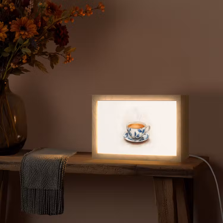 Theekop - Bladeren - Blauw Light Box met kabel (Tafellamp) klein -sfeer4