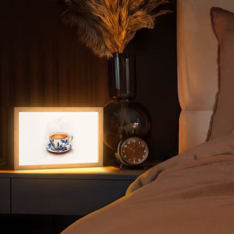 Theekop - Bladeren - Blauw Light Box met kabel (Tafellamp) klein -sfeer1