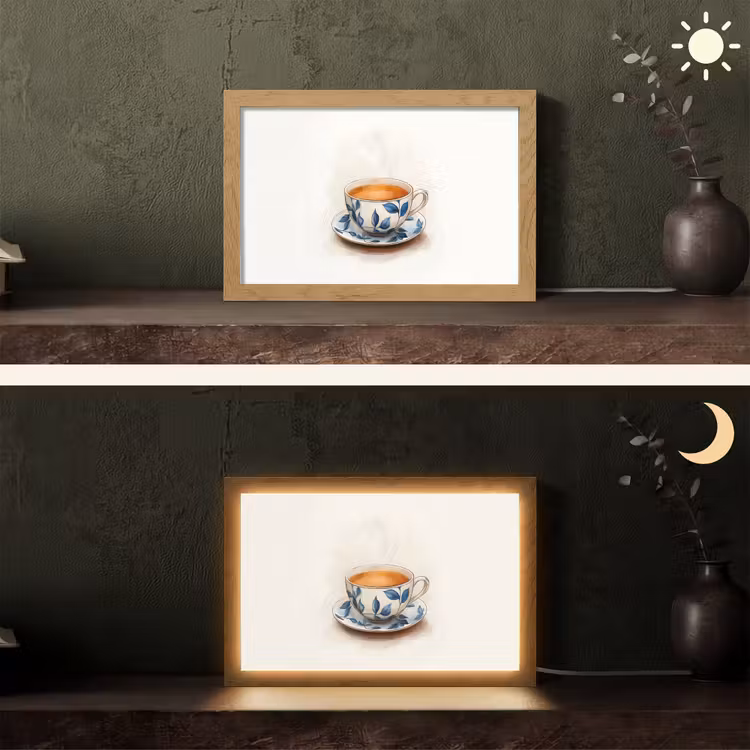 Theekop - Bladeren - Blauw Light Box met kabel (Tafellamp) klein -sfeer3