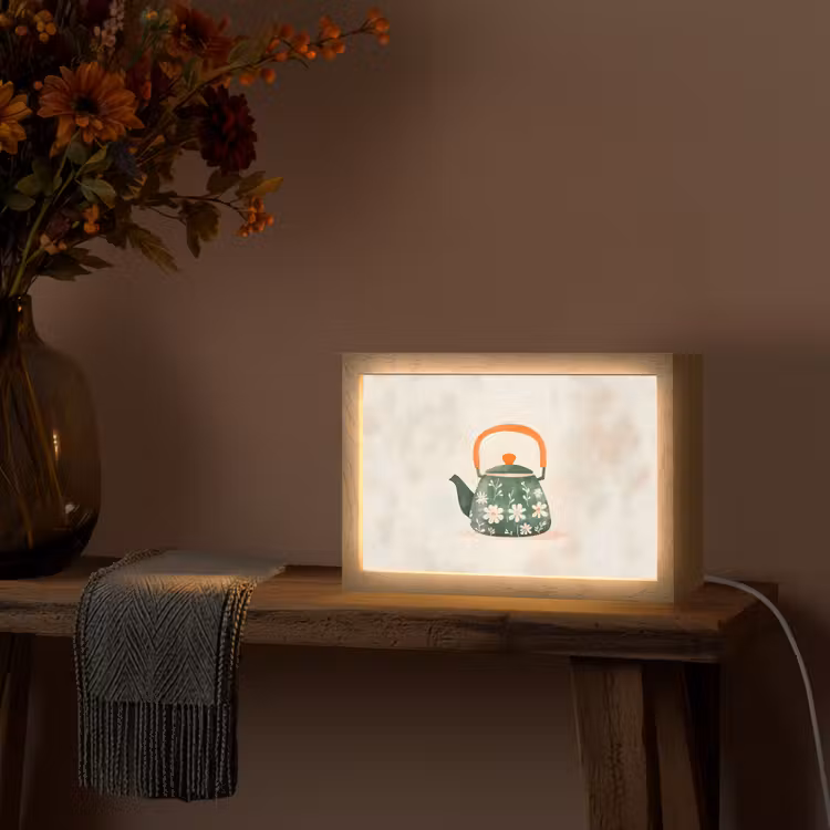 Theepot - Groen - Bloemen - Oranje Light Box met kabel (Tafellamp) klein -sfeer4
