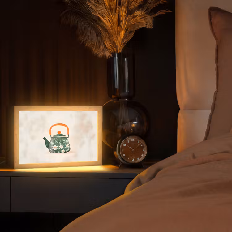 Theepot - Groen - Bloemen - Oranje Light Box met kabel (Tafellamp) klein -sfeer1
