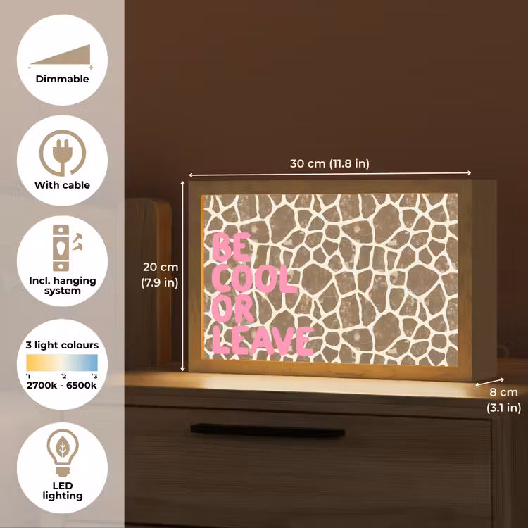 Tekst - Be cool or leave - Roze - Giraffenprint Light Box met kabel (Tafellamp) klein -USP_EN