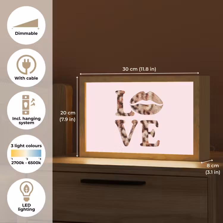 Tekst - Love - Pantervacht - Lichtroze Light Box met kabel (Tafellamp) klein -USP_EN