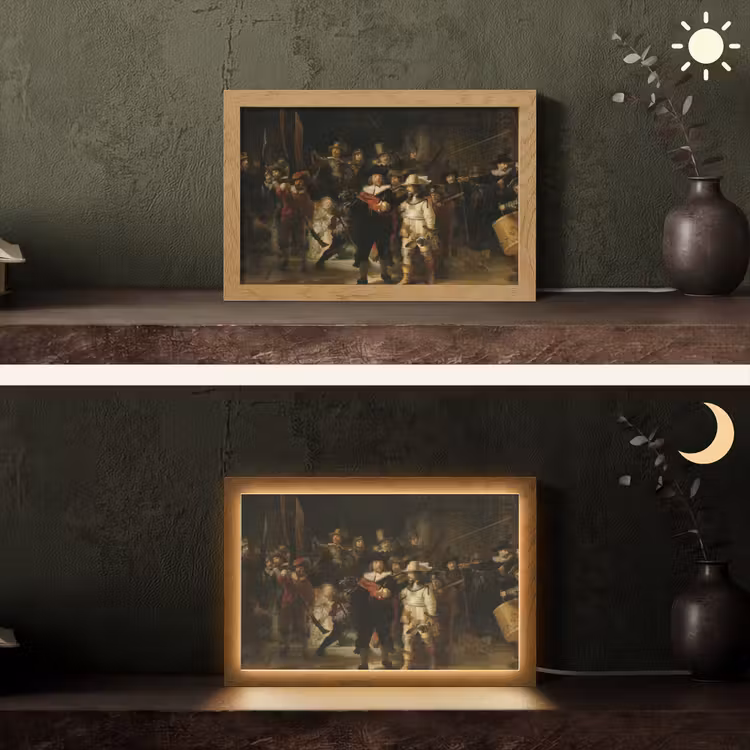 De Nachtwacht - Kunst - Oude meesters - Rembrandt Light Box met kabel (Tafellamp) klein -sfeer3