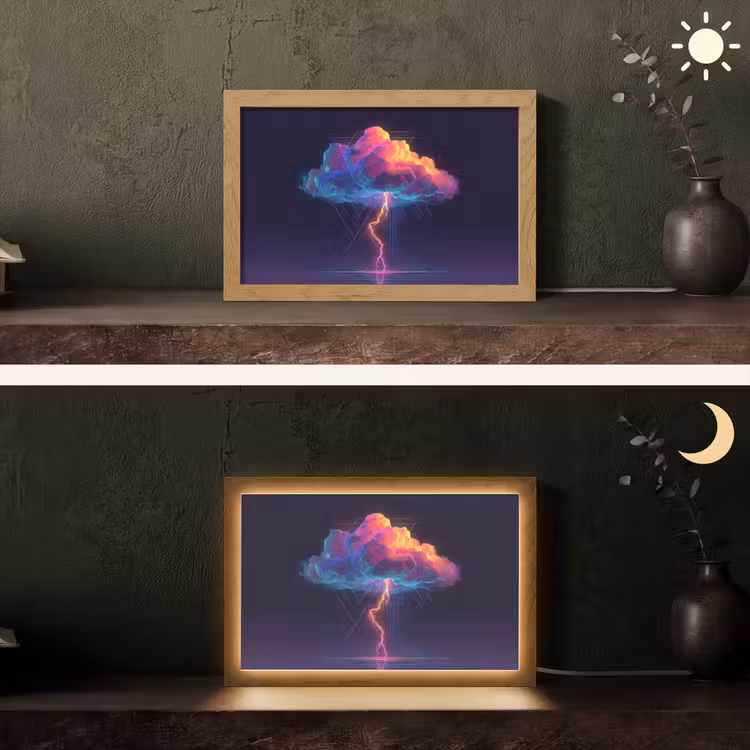 Donderwolk - Bliksemschicht - Licht - Blauw Light Box met kabel (Tafellamp) klein -sfeer3