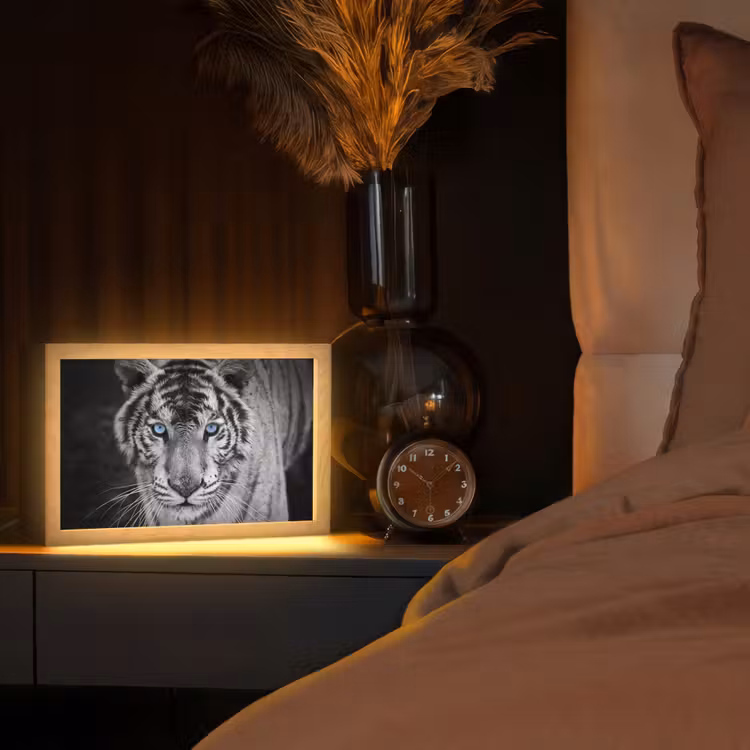 Tijger - Dier - Zwart - Blauw - Modern Light Box met kabel (Tafellamp) klein -sfeer1