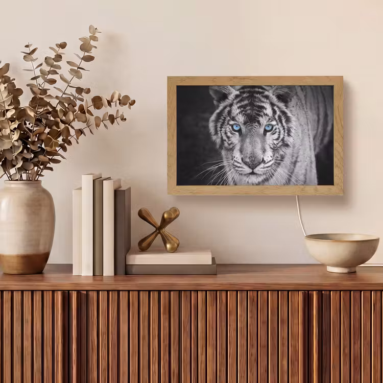 Tijger - Dier - Zwart - Blauw - Modern Light Box met kabel (Tafellamp) klein -sfeer2