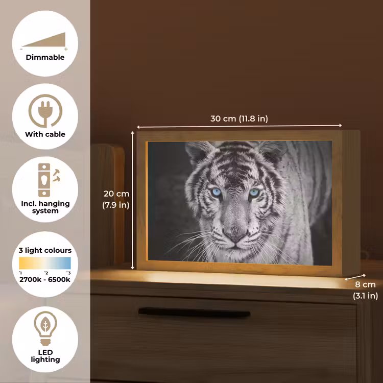 Tijger - Dier - Zwart - Blauw - Modern Light Box met kabel (Tafellamp) klein -USP_EN