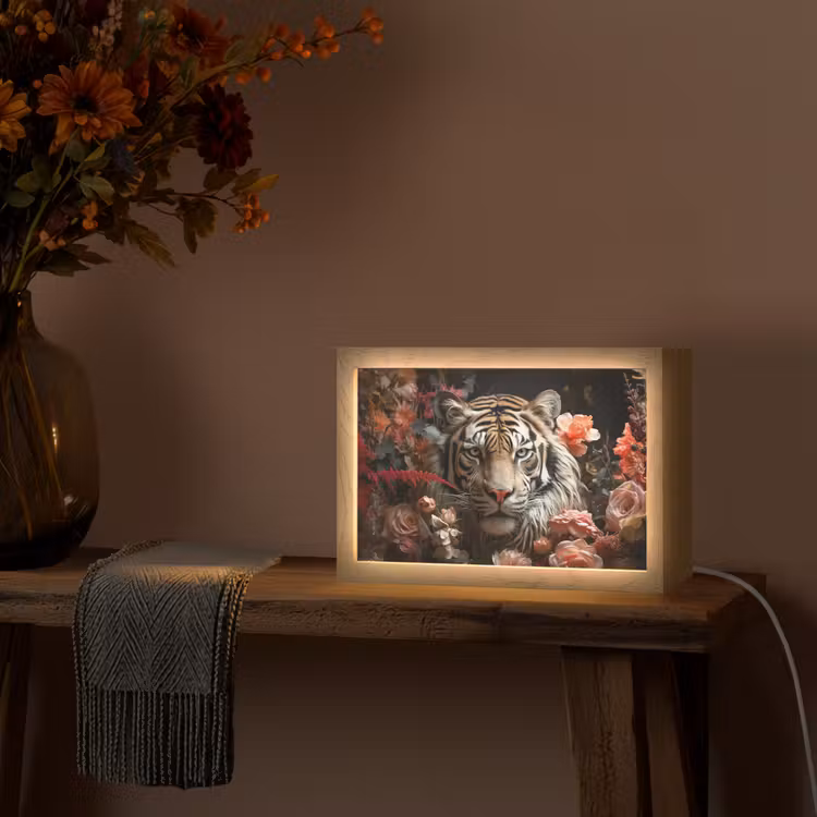 Tijger - Dier - Natuur - Bloemen - Botanisch Light Box met kabel (Tafellamp) klein -sfeer4