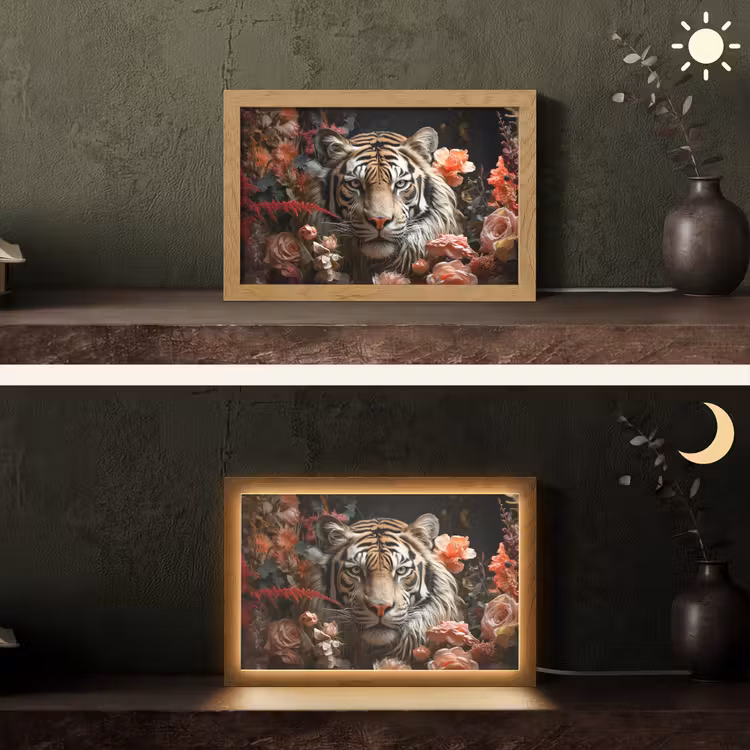 Tijger - Dier - Natuur - Bloemen - Botanisch Light Box met kabel (Tafellamp) klein -sfeer3