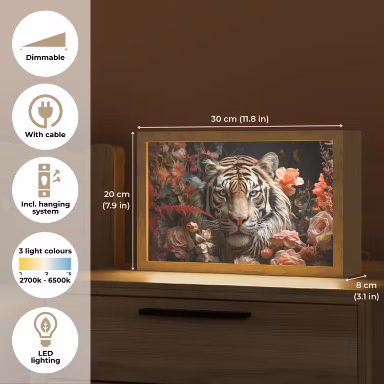 Tijger - Dier - Natuur - Bloemen - Botanisch Light Box met kabel (Tafellamp) klein -USP_EN