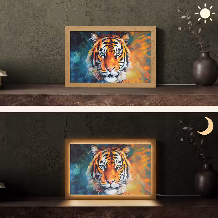 Tijger - Dieren - Olieverf - Kunst Light Box met kabel (Tafellamp) klein -sfeer3