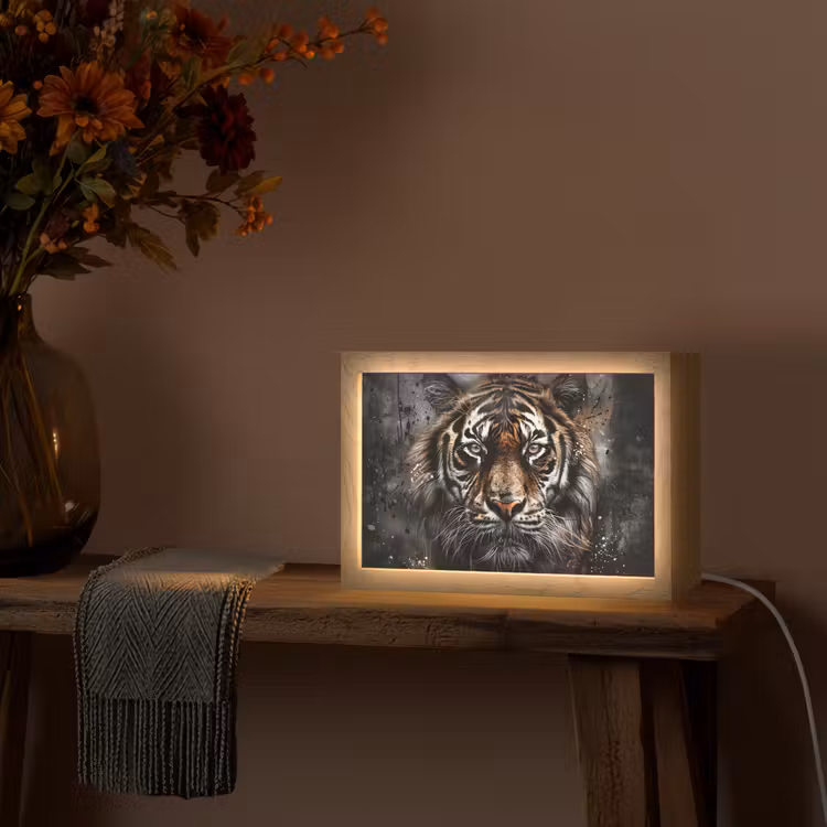 Tijger - Dieren - Portret - Luxe - Zwart Light Box met kabel (Tafellamp) klein -sfeer4