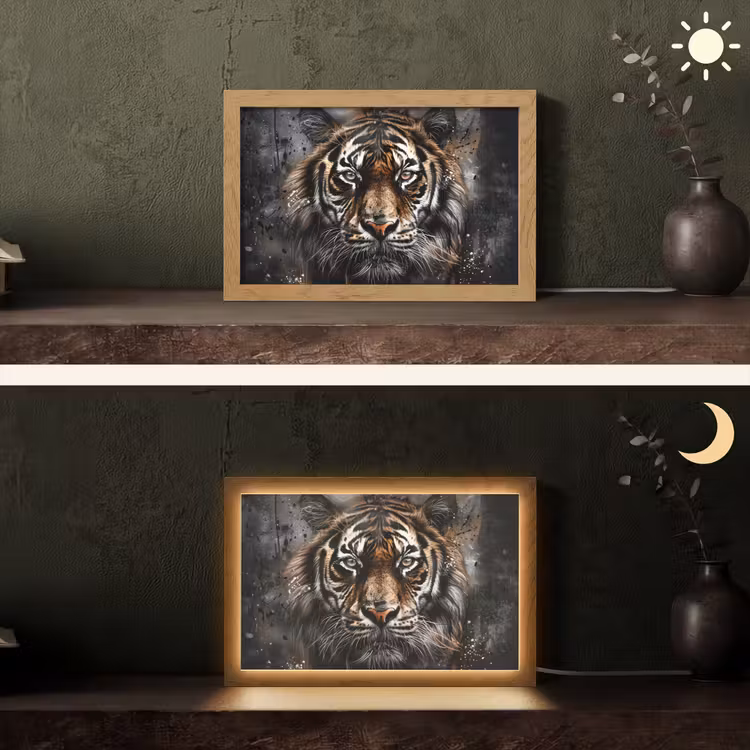 Tijger - Dieren - Portret - Luxe - Zwart Light Box met kabel (Tafellamp) klein -sfeer3