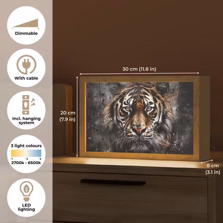 Tijger - Dieren - Portret - Luxe - Zwart Light Box met kabel (Tafellamp) klein -USP_EN
