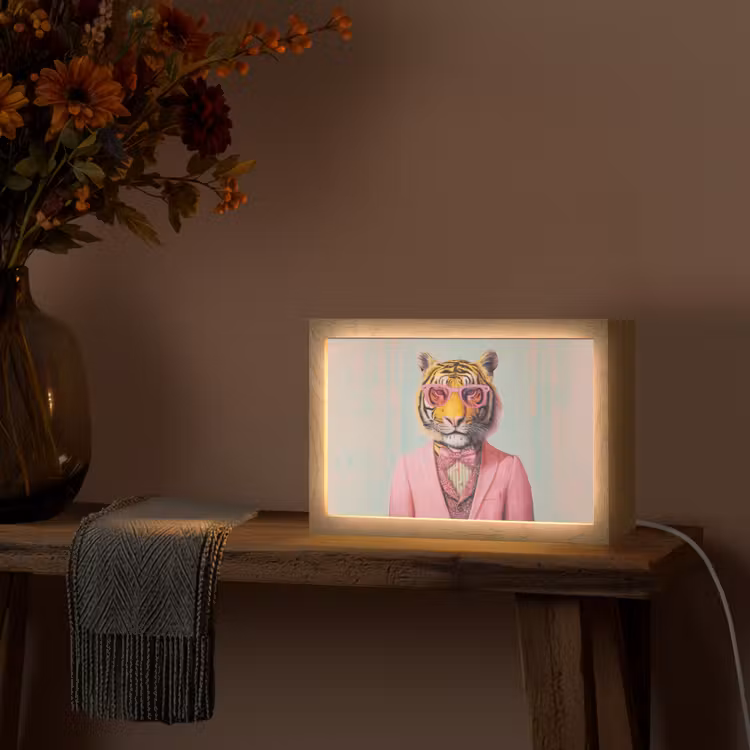 Tijger - Strik - Jasje - Roze Light Box met kabel (Tafellamp) klein -sfeer4