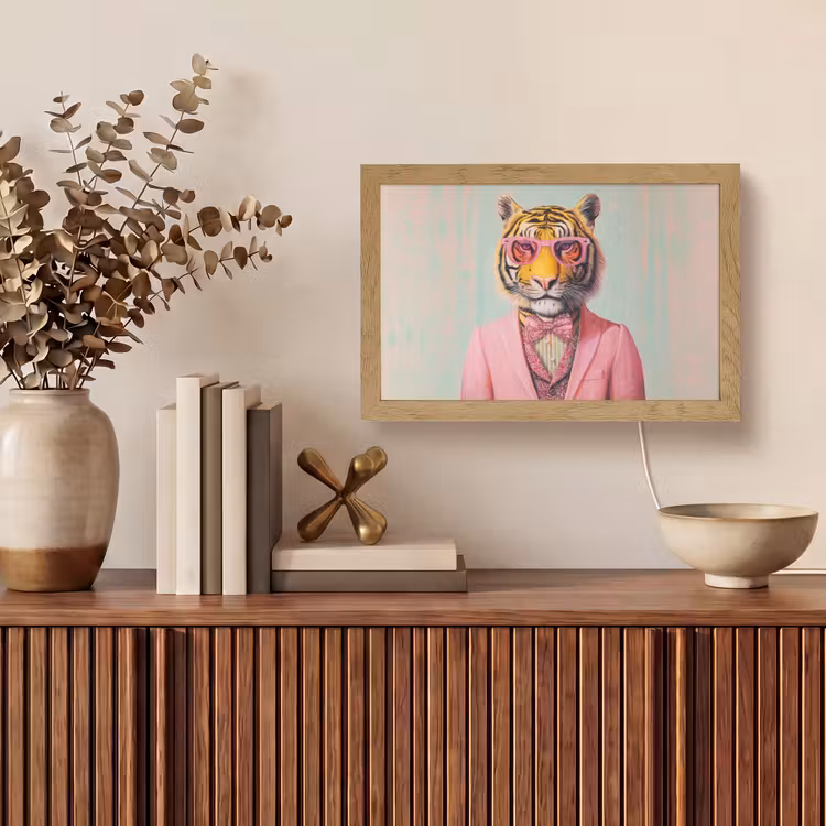 Tijger - Strik - Jasje - Roze Light Box met kabel (Tafellamp) klein -sfeer2