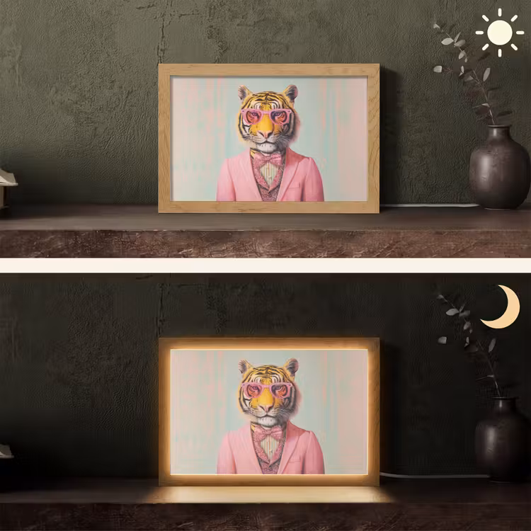 Tijger - Strik - Jasje - Roze Light Box met kabel (Tafellamp) klein -sfeer3