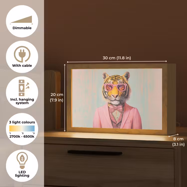 Tijger - Strik - Jasje - Roze Light Box met kabel (Tafellamp) klein -USP_EN
