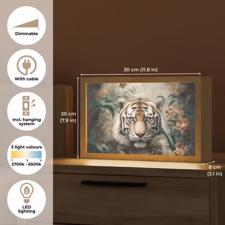 Tijger - Vlinders - Dieren - Jungle - Bloemen Light Box met kabel (Tafellamp) klein -USP_EN