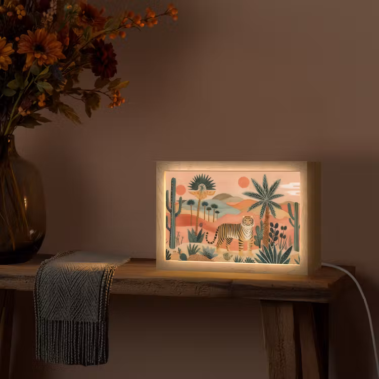 Tijger - Palmen - Cactus - Oranje Light Box met kabel (Tafellamp) klein -sfeer4