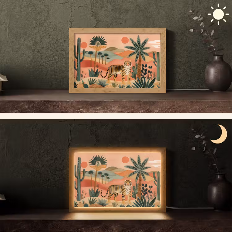 Tijger - Palmen - Cactus - Oranje Light Box met kabel (Tafellamp) klein -sfeer3