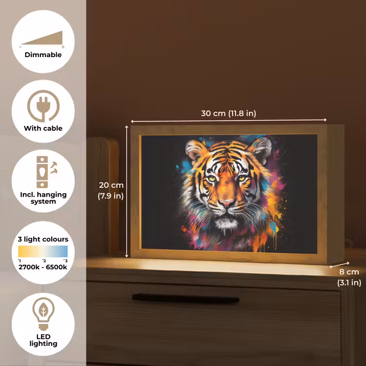 Tijger - Graffiti - Dieren - Zwart Light Box met kabel (Tafellamp) klein -USP_EN