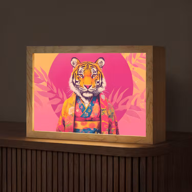 Tijger - Kimono - Planten - Roze Light Box met kabel (Tafellamp) klein -z3d_website