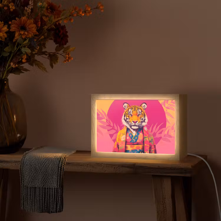 Tijger - Kimono - Planten - Roze Light Box met kabel (Tafellamp) klein -sfeer4