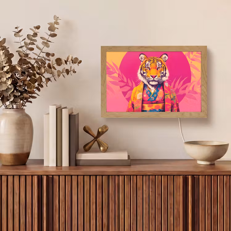 Tijger - Kimono - Planten - Roze Light Box met kabel (Tafellamp) klein -sfeer2