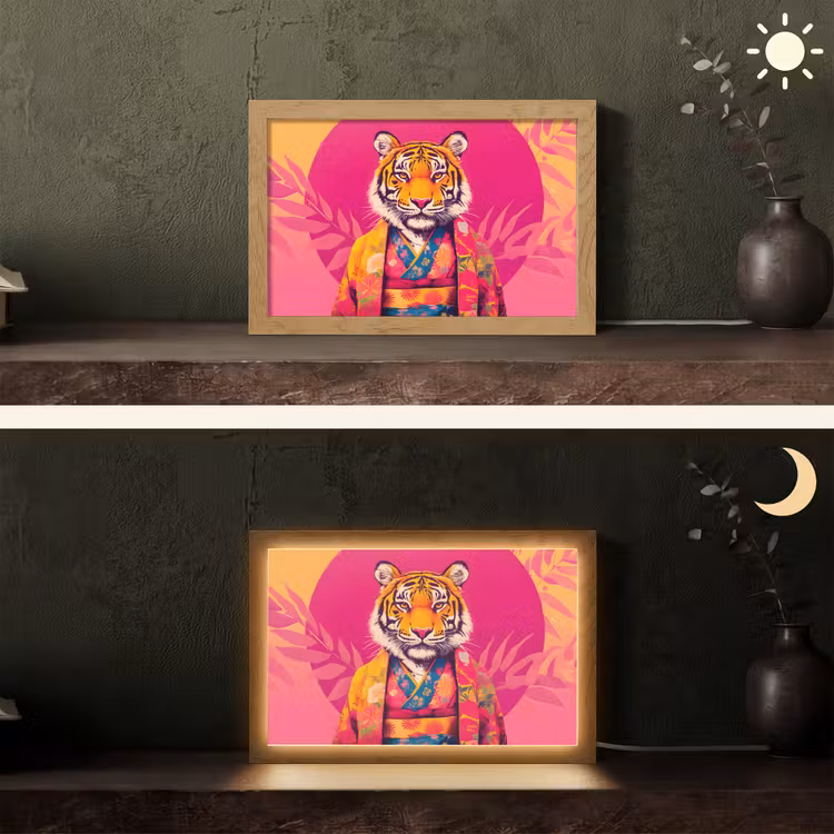 Tijger - Kimono - Planten - Roze Light Box met kabel (Tafellamp) klein -sfeer3