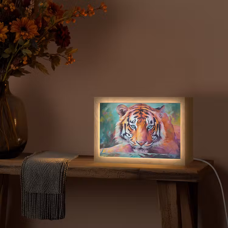 Tijger - Olieverf - Dieren - Kunst Light Box met kabel (Tafellamp) klein -sfeer4