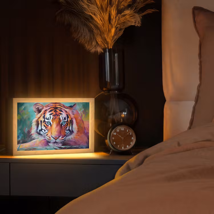 Tijger - Olieverf - Dieren - Kunst Light Box met kabel (Tafellamp) klein -sfeer1