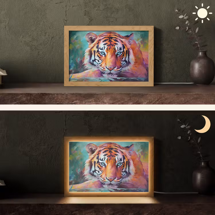 Tijger - Olieverf - Dieren - Kunst Light Box met kabel (Tafellamp) klein -sfeer3