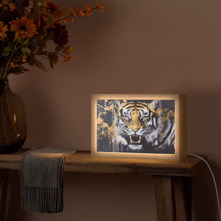 Tijger - Verfspatten - Goud Light Box met kabel (Tafellamp) klein -sfeer4
