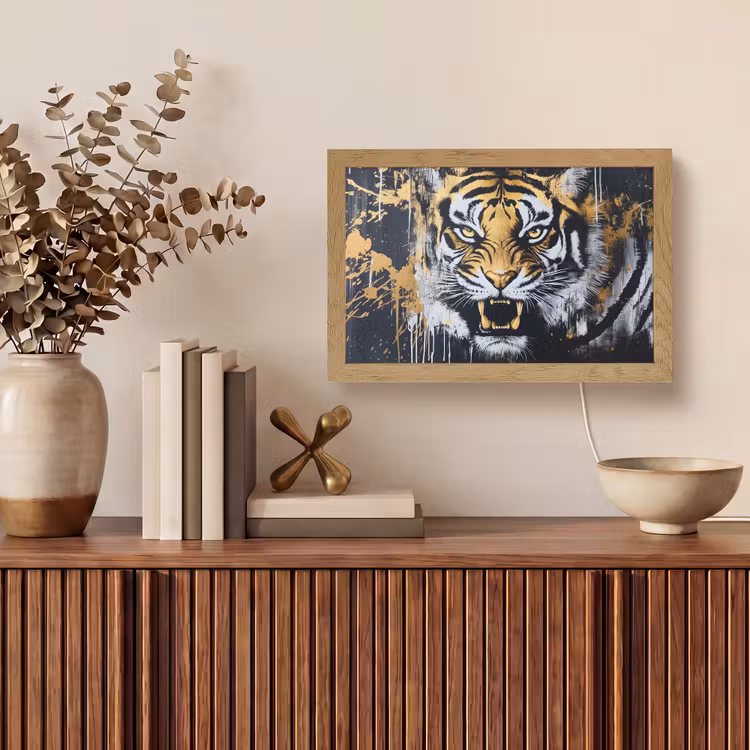 Tijger - Verfspatten - Goud Light Box met kabel (Tafellamp) klein -sfeer2