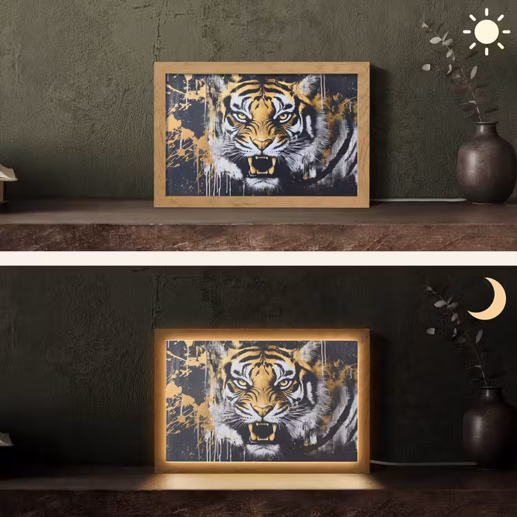 Tijger - Verfspatten - Goud Light Box met kabel (Tafellamp) klein -sfeer3