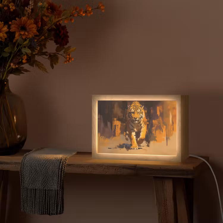 Tijger - Geschilderd - Oranje - Penseelstreken Light Box met kabel (Tafellamp) klein -sfeer4