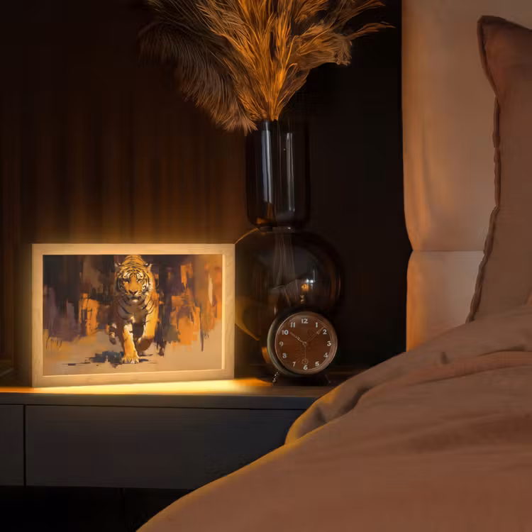 Tijger - Geschilderd - Oranje - Penseelstreken Light Box met kabel (Tafellamp) klein -sfeer1