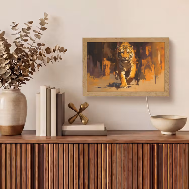 Tijger - Geschilderd - Oranje - Penseelstreken Light Box met kabel (Tafellamp) klein -sfeer2