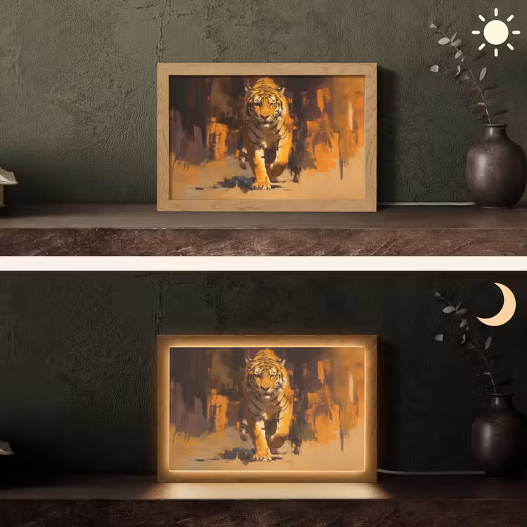 Tijger - Geschilderd - Oranje - Penseelstreken Light Box met kabel (Tafellamp) klein -sfeer3