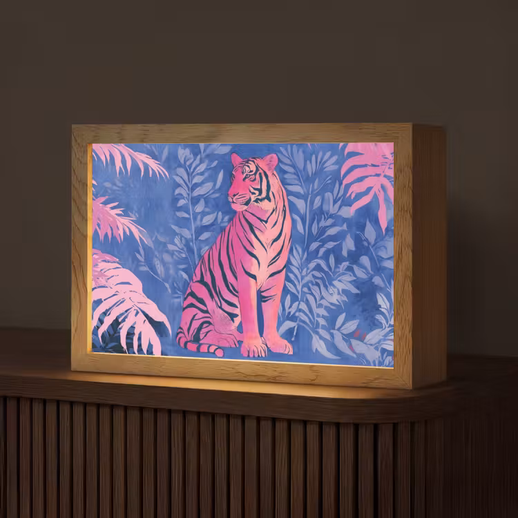 Tijger - Roze - Bladeren - Jungle Light Box met kabel (Tafellamp) klein -z3d_website