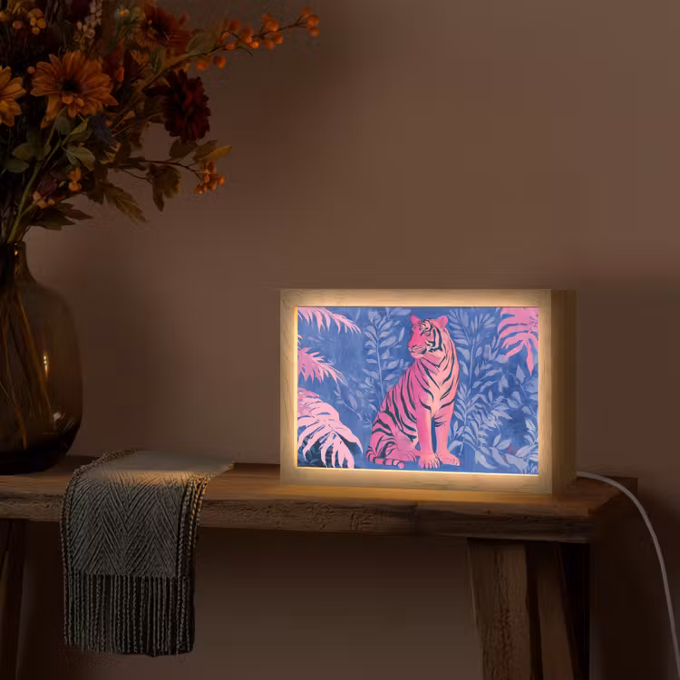 Tijger - Roze - Bladeren - Jungle Light Box met kabel (Tafellamp) klein -sfeer4
