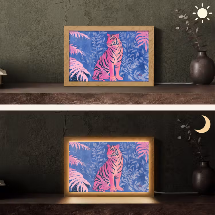 Tijger - Roze - Bladeren - Jungle Light Box met kabel (Tafellamp) klein -sfeer3