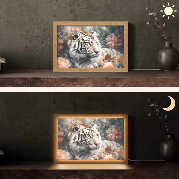 Tijger - Wilde dieren - Bloemen - Jungle Light Box met kabel (Tafellamp) klein -sfeer3