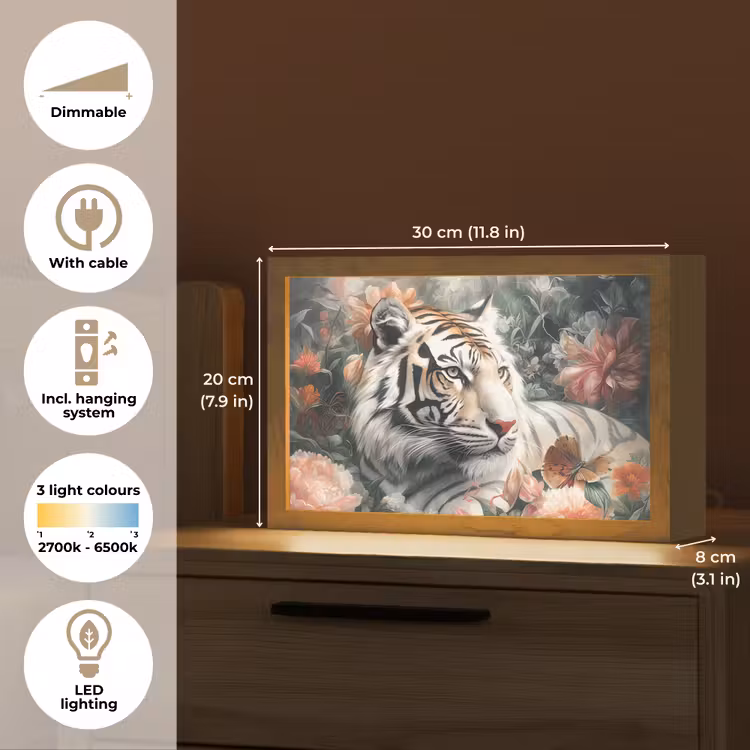 Tijger - Wilde dieren - Bloemen - Jungle Light Box met kabel (Tafellamp) klein -USP_EN